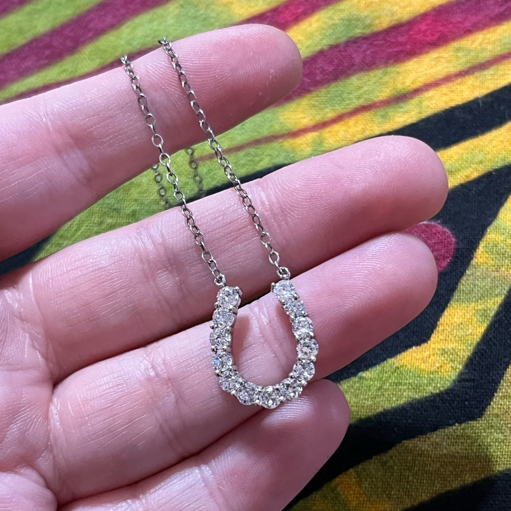 Vintage Lucky Horseshoe Cubic Zirconia Sterling Silver 925 Pendant Necklace